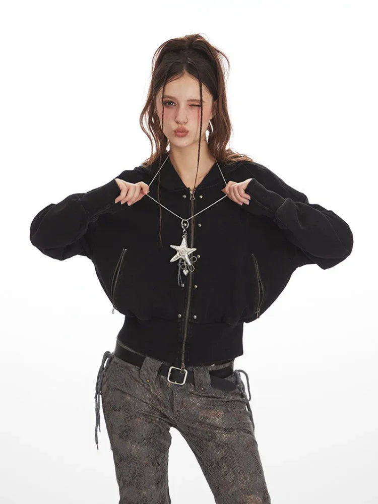 Grunge Y2K Distressed Cropped Zip-Up Hoodie - TEVQA