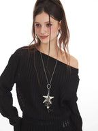 Vintage Black Textured Off-Shoulder Slouchy Top - TEVQA