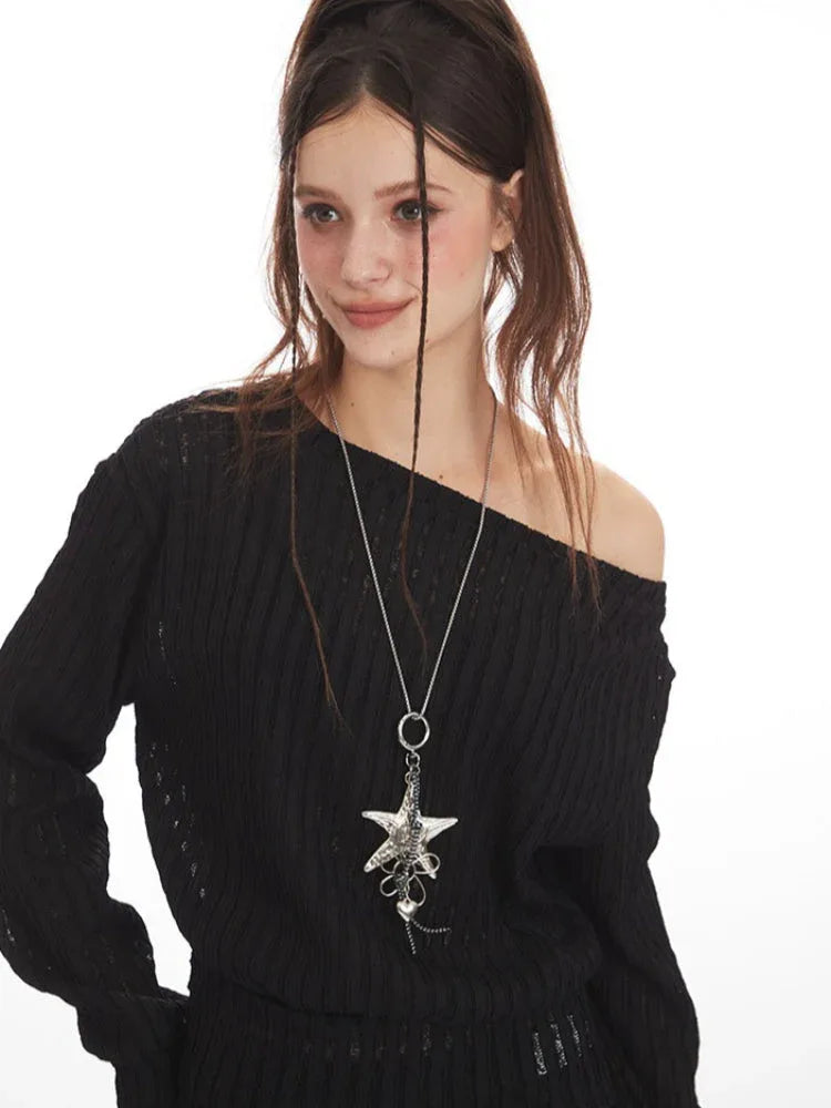 Vintage Black Textured Off-Shoulder Slouchy Top - TEVQA