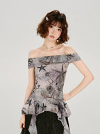 Vintage Nautical Print Off-Shoulder Top Grey