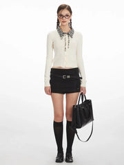 Vintage Cream Cable Knit Cardigan with Plaid Collar - TEVQA