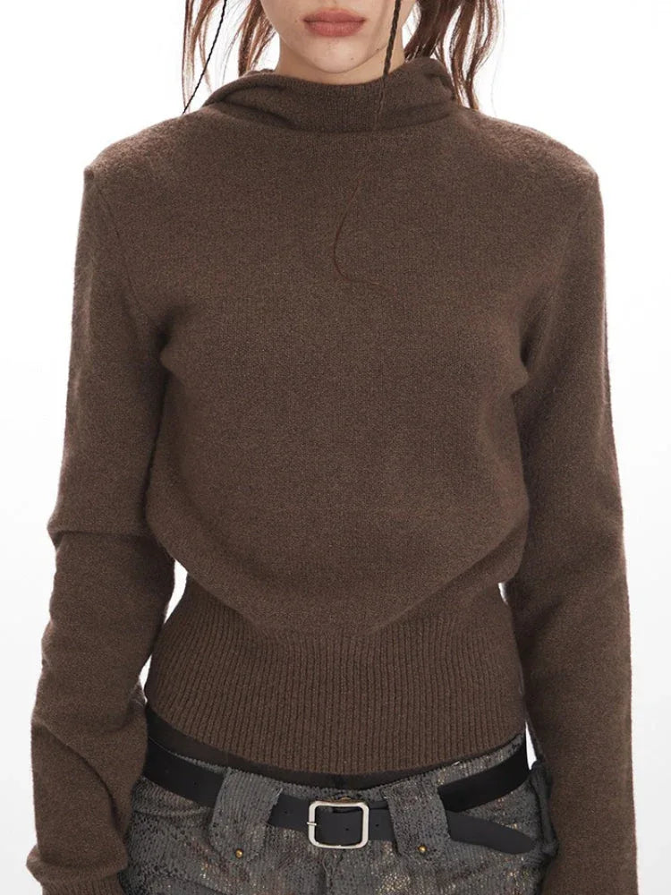 Y2K Chocolate Brown Hooded Knit Sweater - TEVQA