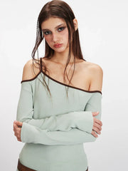 Acubi Y2K Soft Sage Asymmetrical Off-Shoulder Top - TEVQA