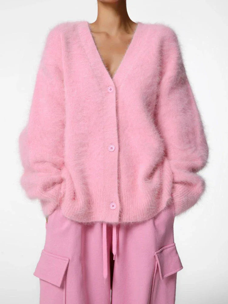 Faux Mink V-Neck Cardigan - View 15 | TEVQA