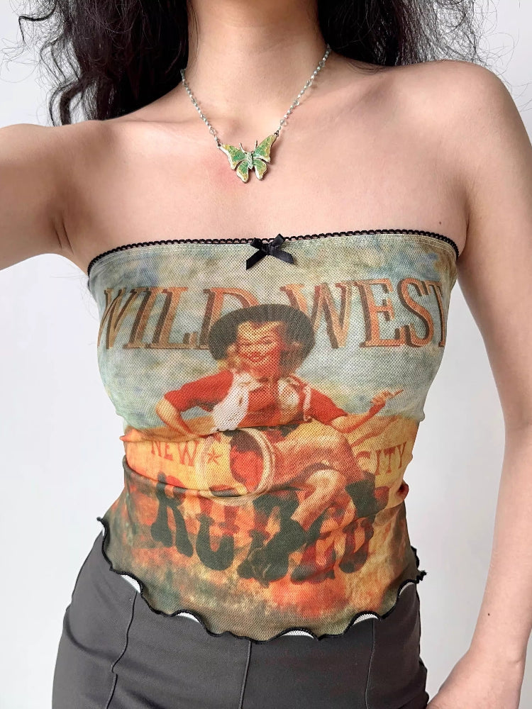 Wild West Graphic Printed Strapless Tube Top