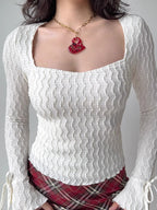 White Textured Square Neck Long Sleeve Flare Top