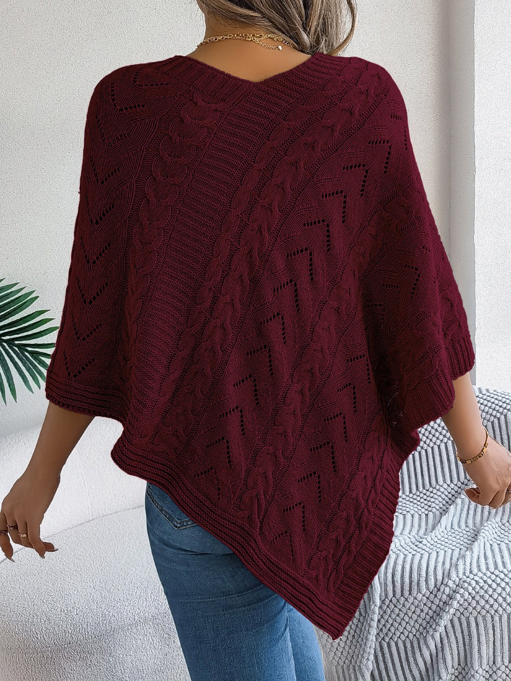 Cable-Knit Openwork Three-Quarter Sleeve Sweater OutfitFlow