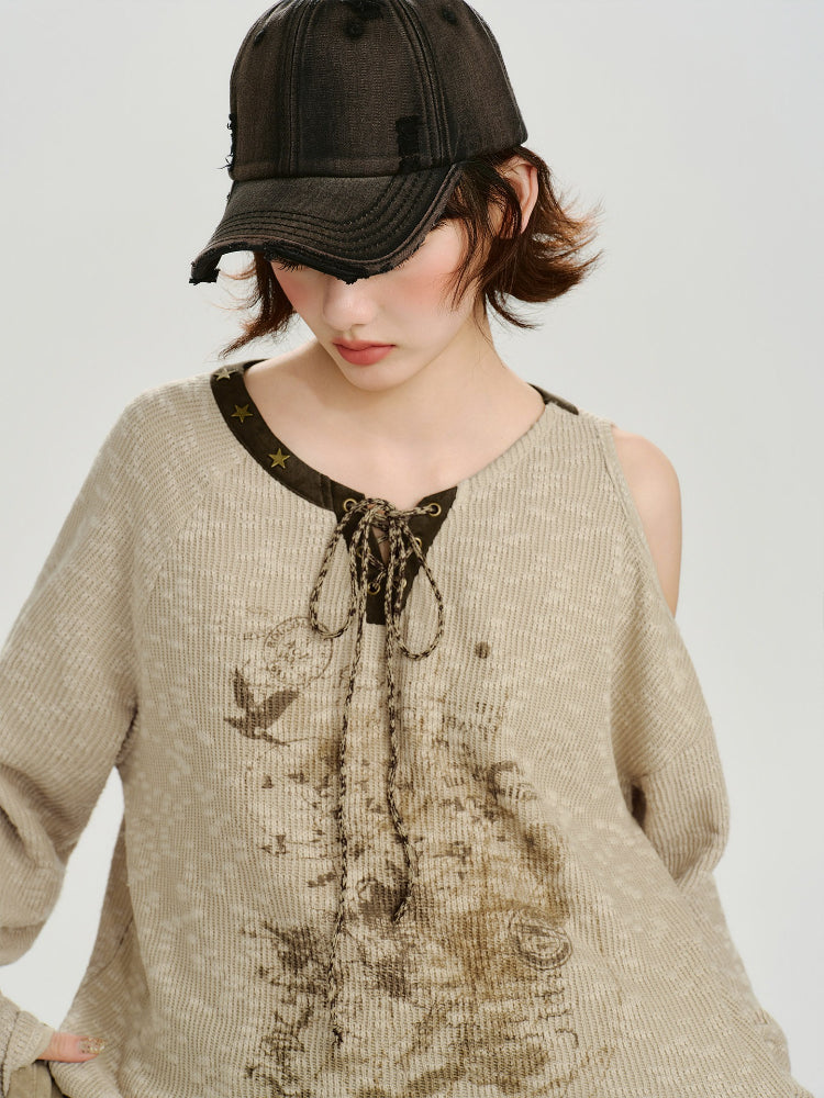 Vintage Asymmetric Cold Shoulder Graphic Top - Beige