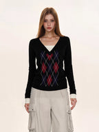 Close-up of the argyle pattern on the black v-neck sweater.