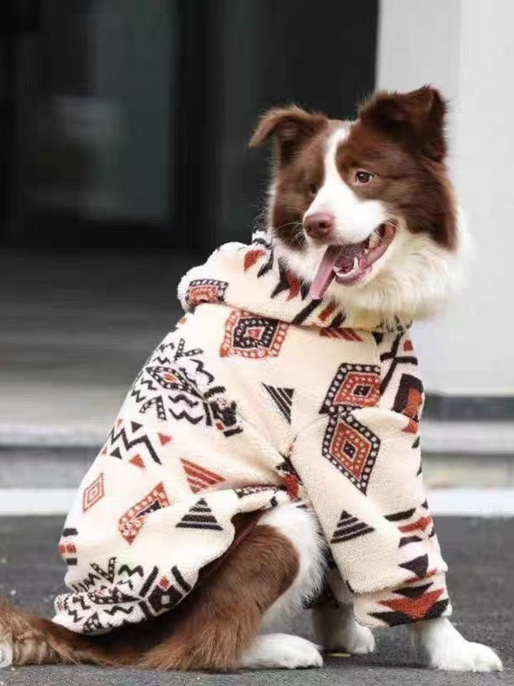 A brown and white Border Collie dog looks to the side while wearing a cream-colored fleece hoodie with a geometric pattern.
