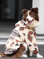 A brown and white Border Collie dog looks to the side while wearing a cream-colored fleece hoodie with a geometric pattern.