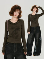 Vintage V-Neck Ruffle Print Long Sleeve Olive