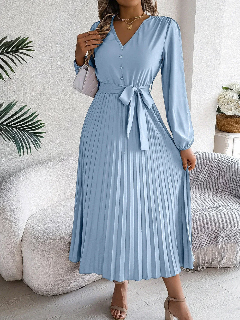 Vintage Khaki V-Neck Pleated Maxi Dress - TEVQA