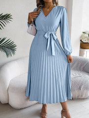 Vintage Khaki V-Neck Pleated Maxi Dress - TEVQA