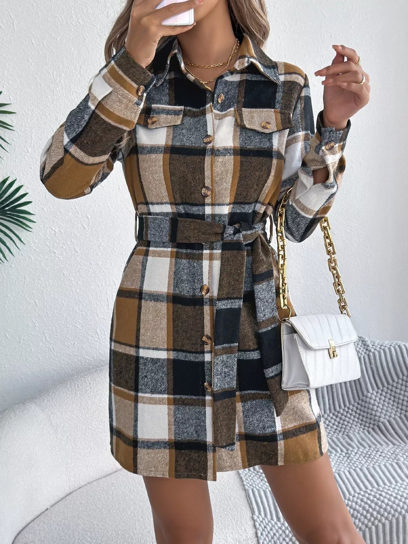 Green Plaid Belted Shirt Dress - View 10 | TEVQA