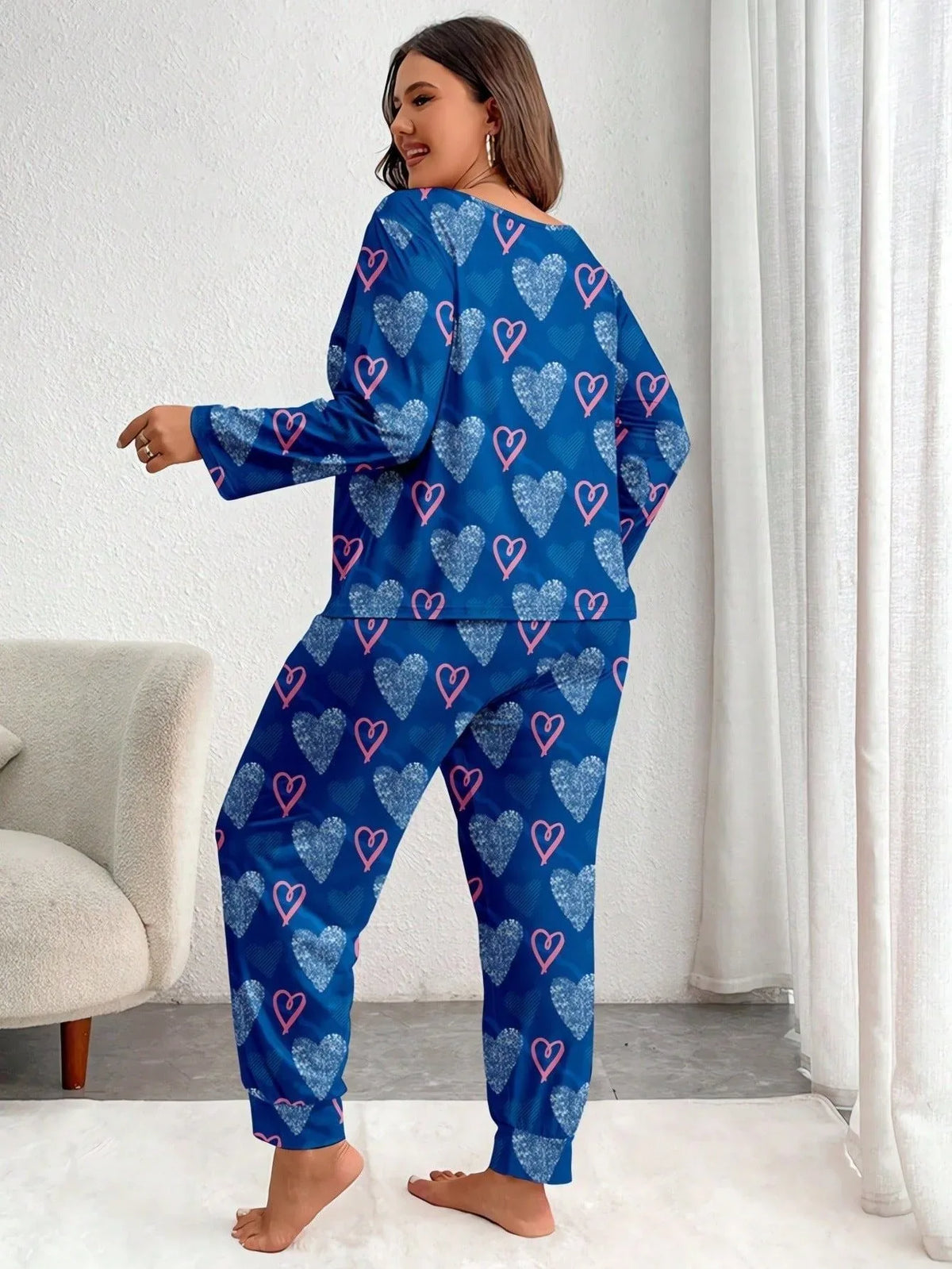 Plus Size Pink Heart Print Jogger Pajama Set - View 18 | TEVQA