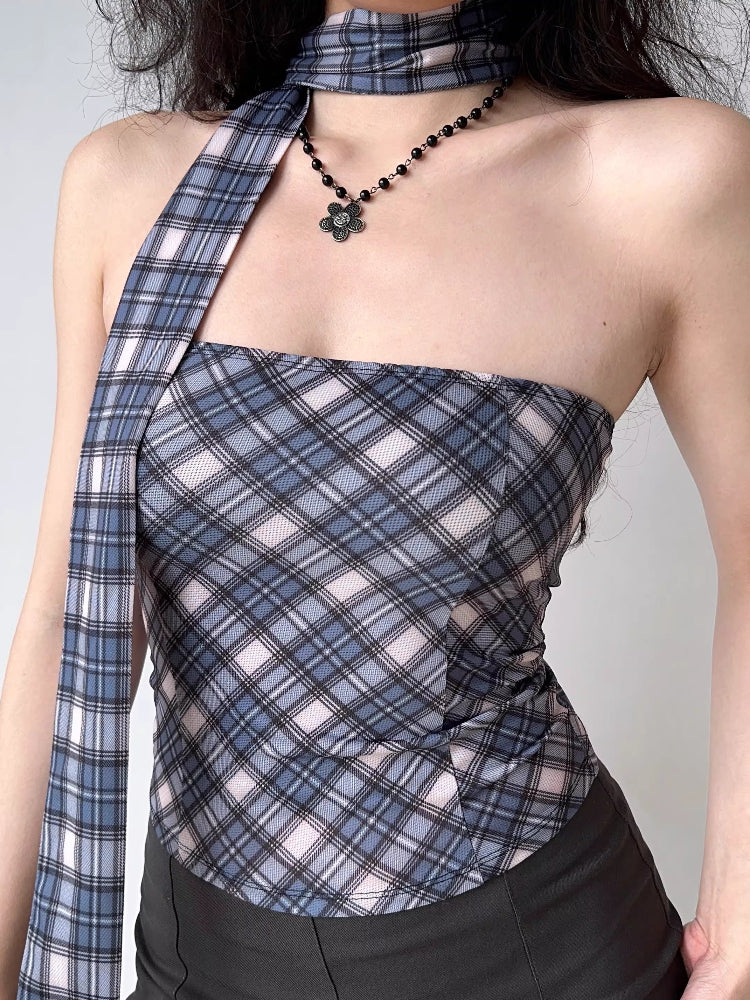 Blue Plaid Tube Top and Matching Scarf Set Main image