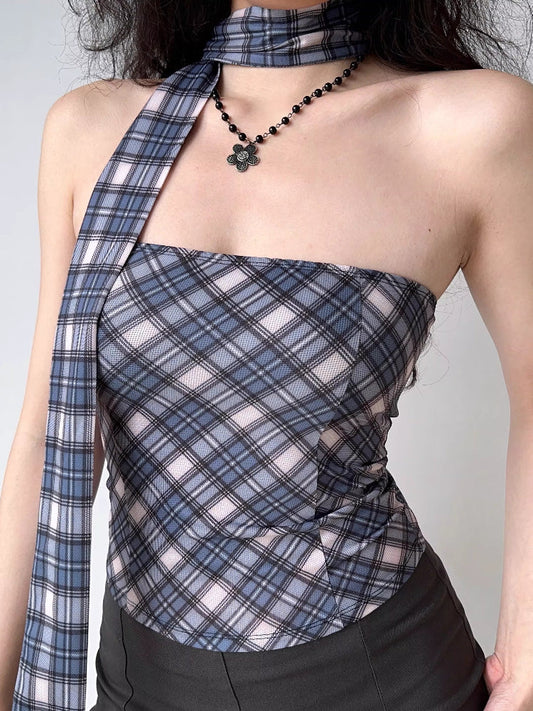 Blue Plaid Tube Top and Matching Scarf Set