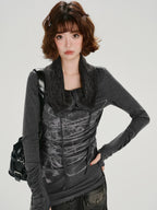 Vintage Graphic Slim Long Sleeve Top with Textured Collar - Dark Grey