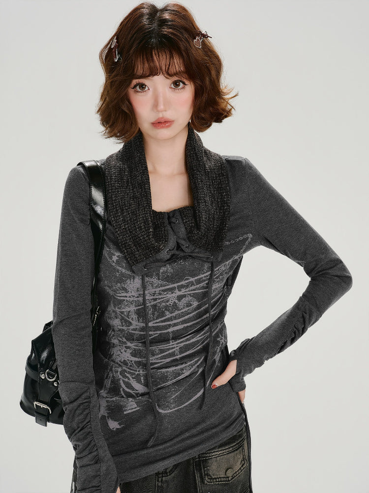 Vintage Graphic Slim Long Sleeve Top with Textured Collar - Dark Grey