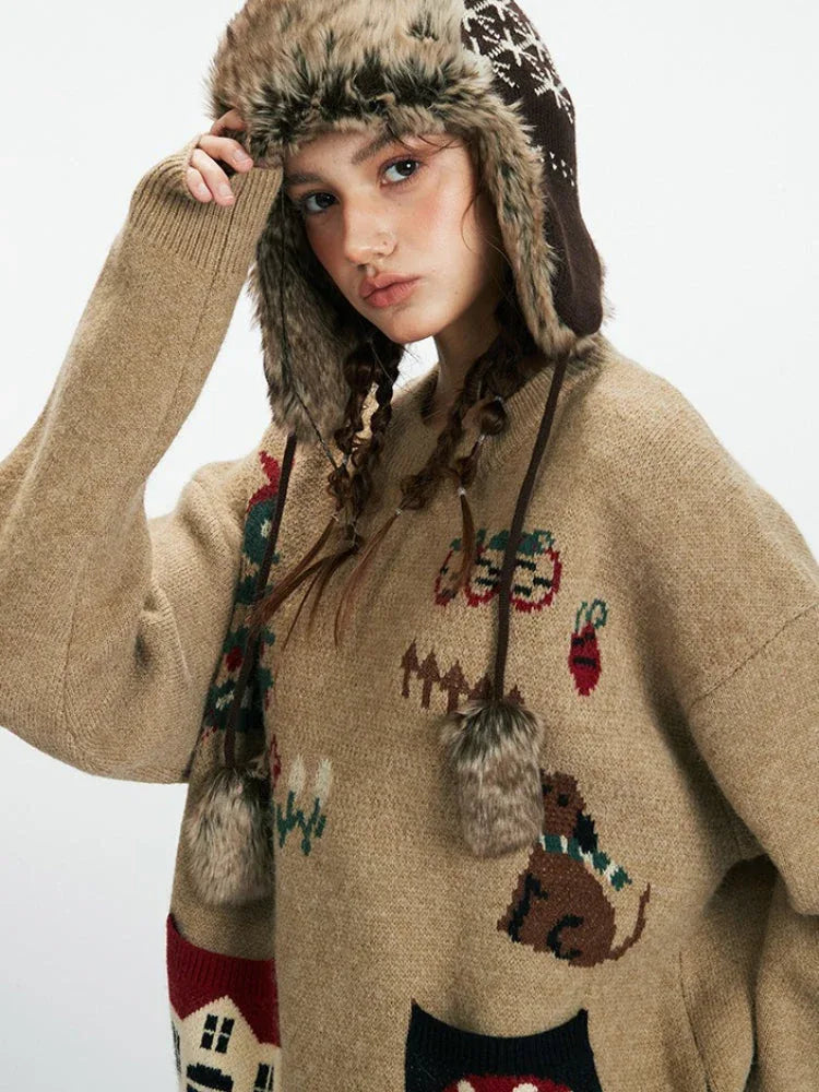 Whimsical Holiday House Pocket Sweater - TEVQA