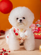 A white Bichon Frise dog wearing a cream and red traditional Chinese style vest with apple and cartoon prints.