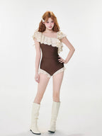 Ruffled One-Shoulder Swimsuit Brown