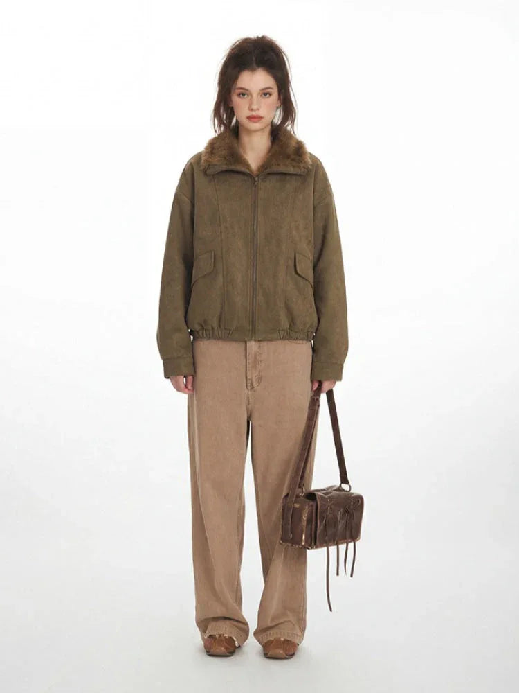 Vintage Faux Suede Aviator Bomber Jacket - TEVQA Main image