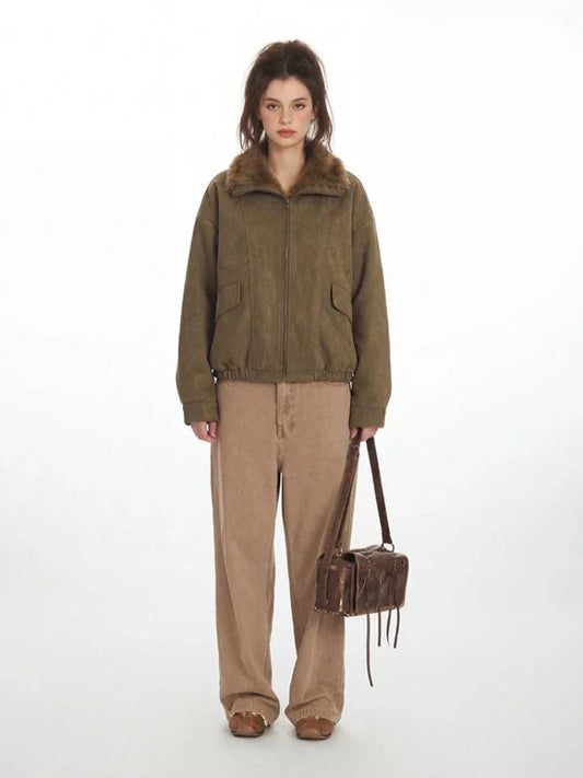 Vintage Faux Suede Aviator Bomber Jacket - TEVQA