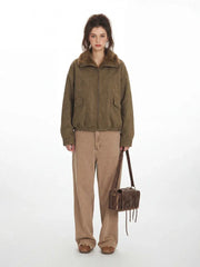 Vintage Faux Suede Aviator Bomber Jacket - TEVQA