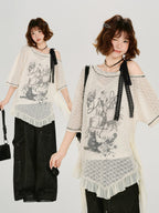 Vintage Lace Asymmetrical Graphic Print Top Cream