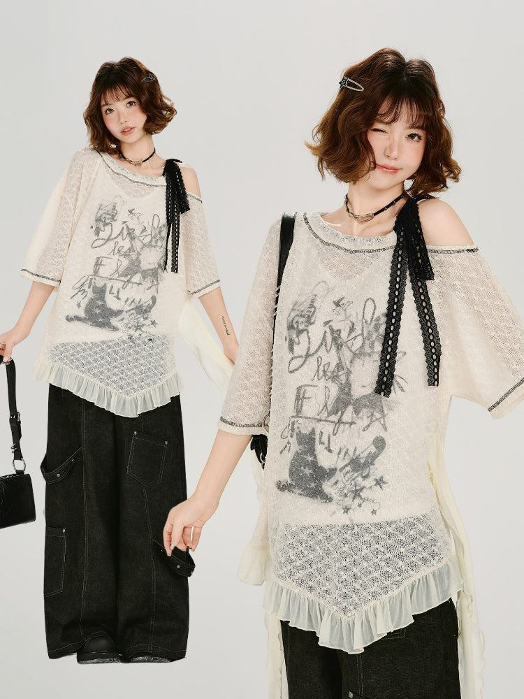 Vintage Lace Asymmetrical Graphic Print Top Cream