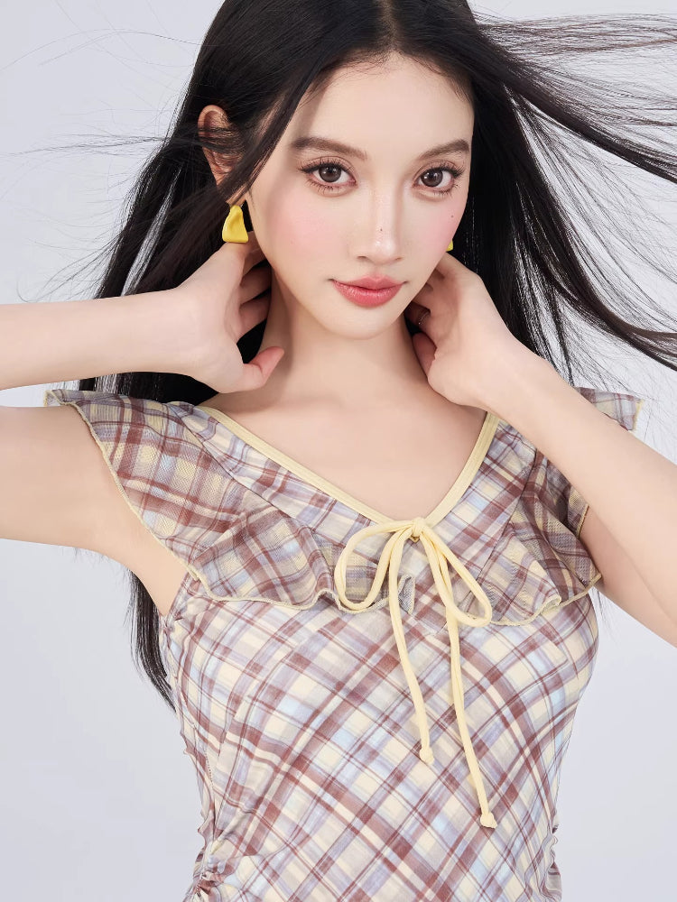 Vintage Plaid Ruffle Trim Swimdress - Brown