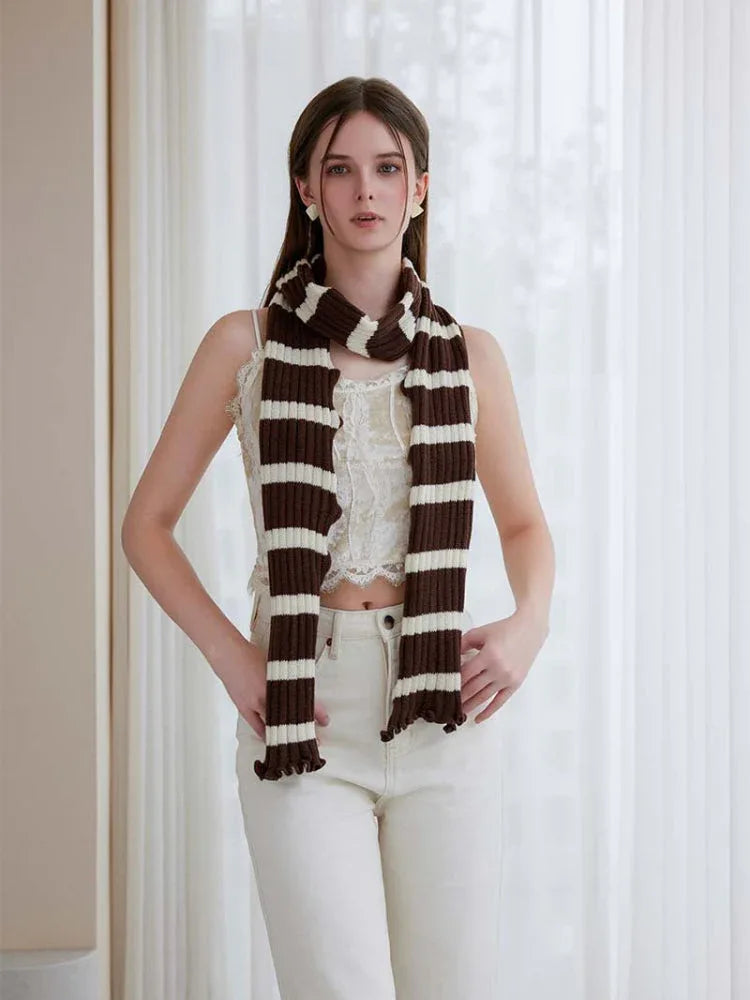 Extra Long Striped Ruffle Skinny Scarf - TEVQA