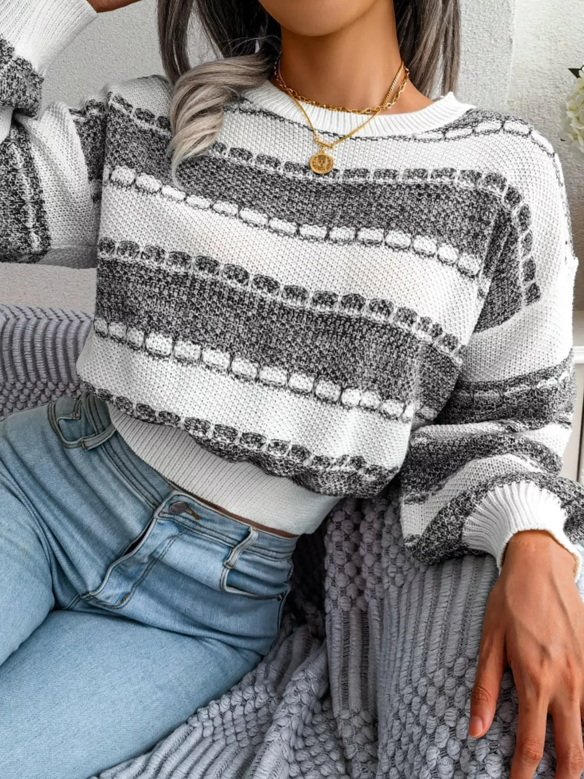 Striped Textured Knit Sweater - View 7 | TEVQA