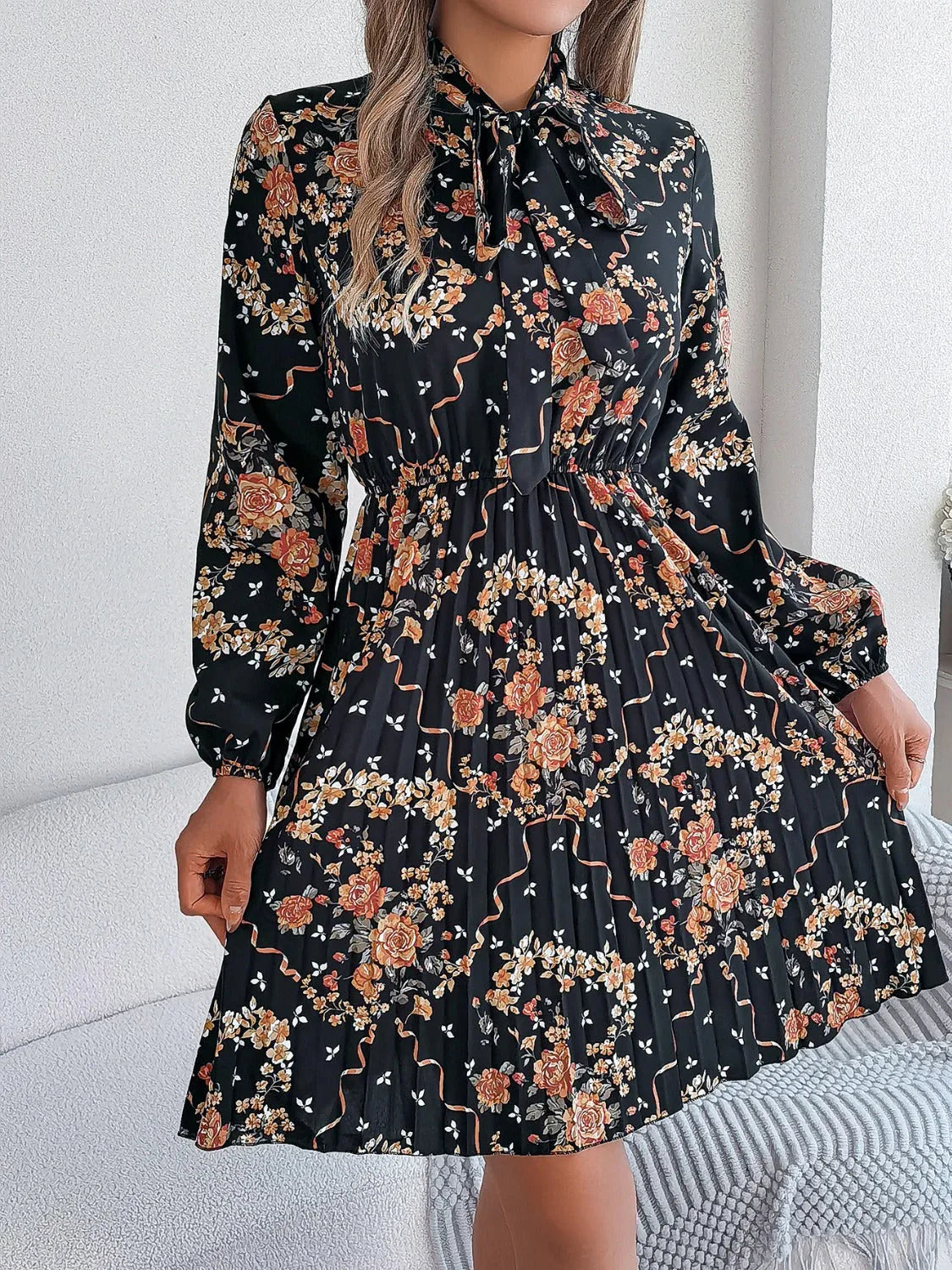 Vintage Pink Floral Pleated Dress - TEVQA