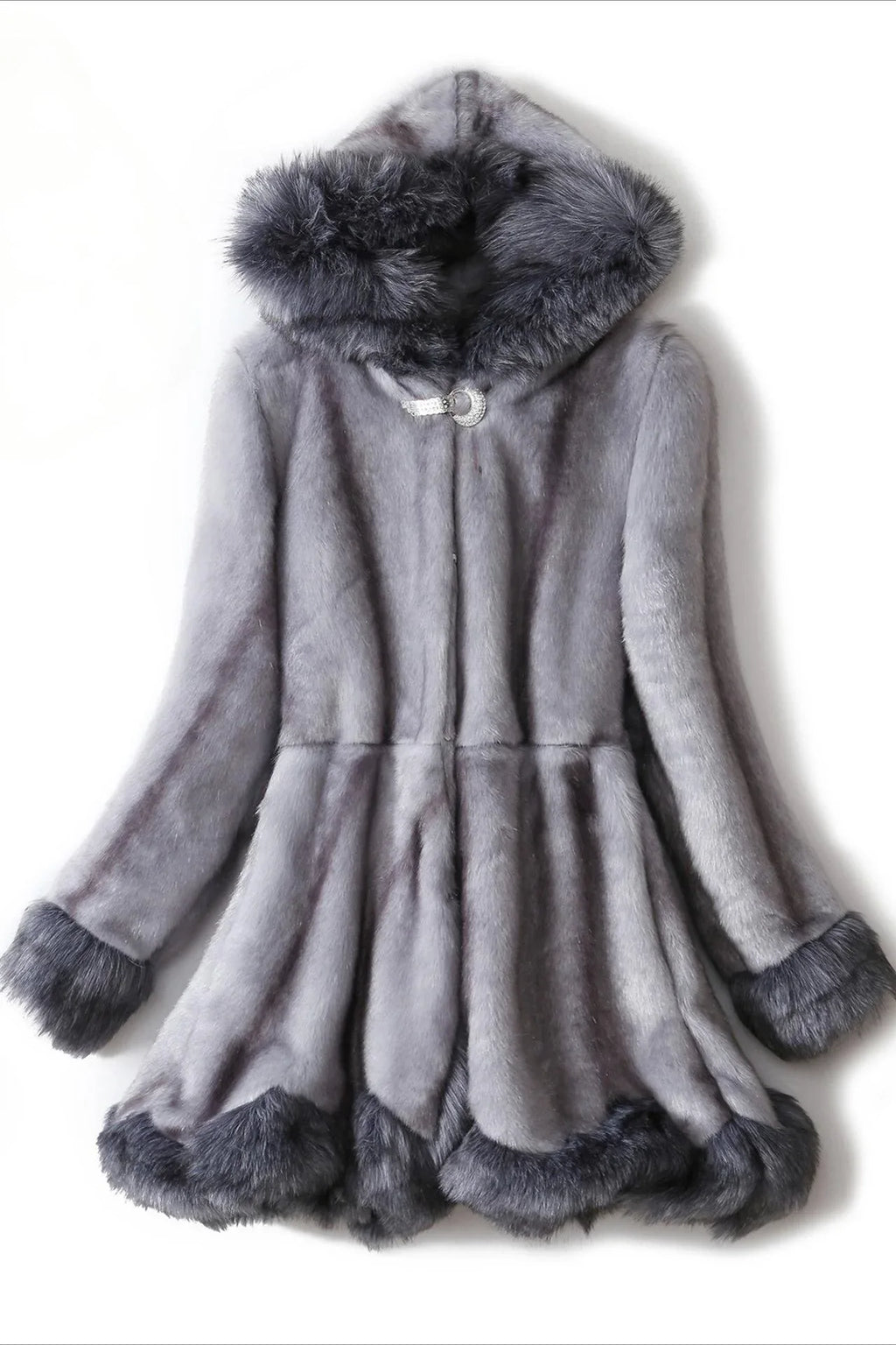 Grey faux fur coat with a hood and decorative closure