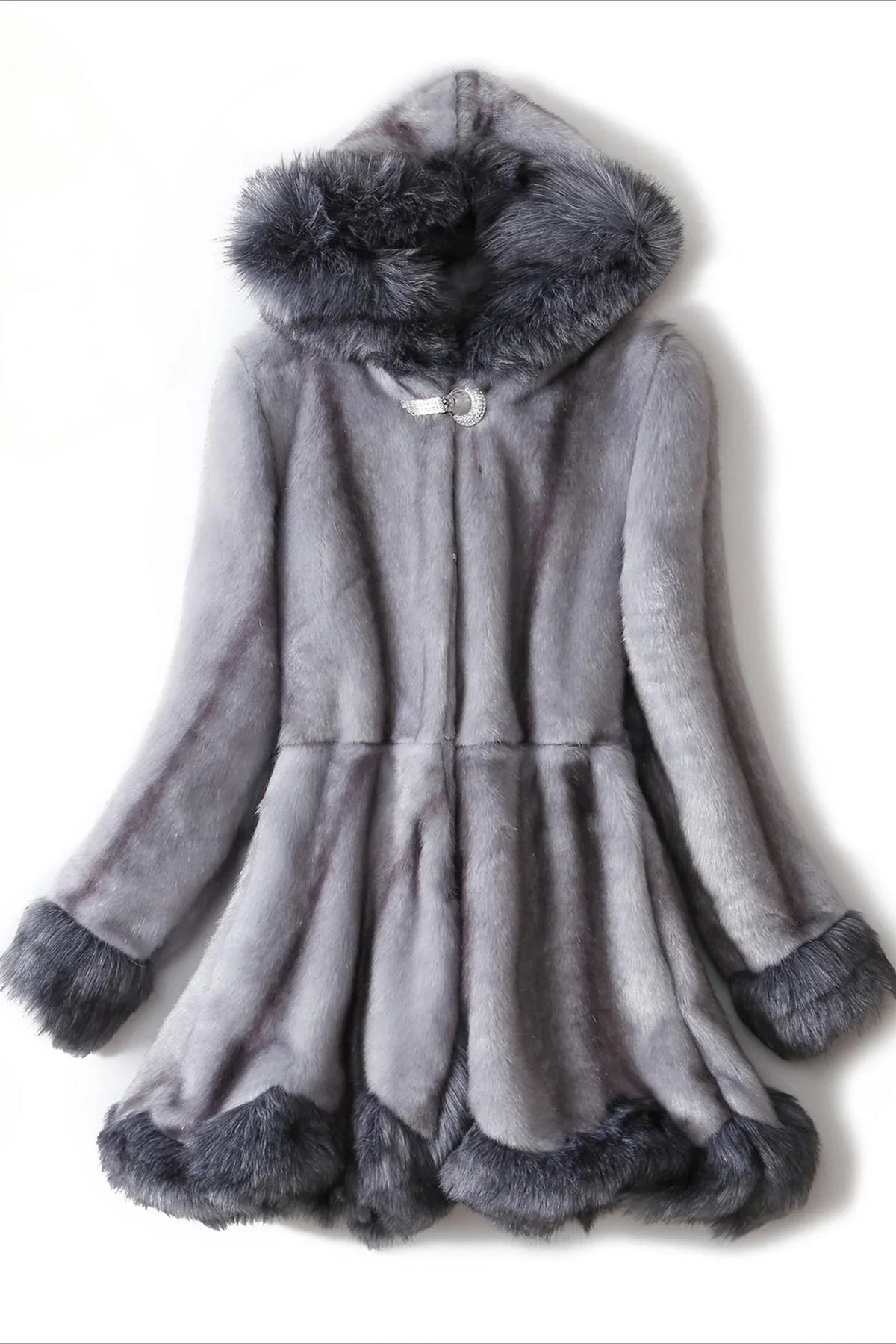 Grey faux fur coat with a hood and decorative closure