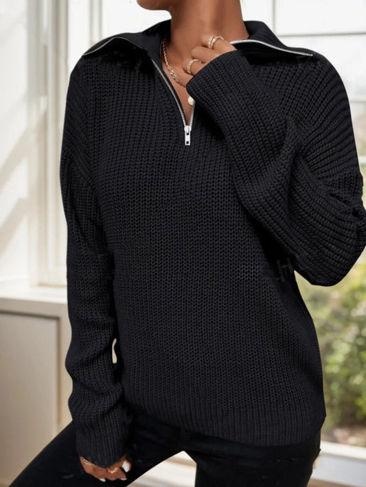 Close-up of a black ribbed knit sweater with a half-zip closure.
