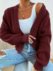 Chunky knit cardigan with V-neckline and button-up closure - View 7 | TEVQA