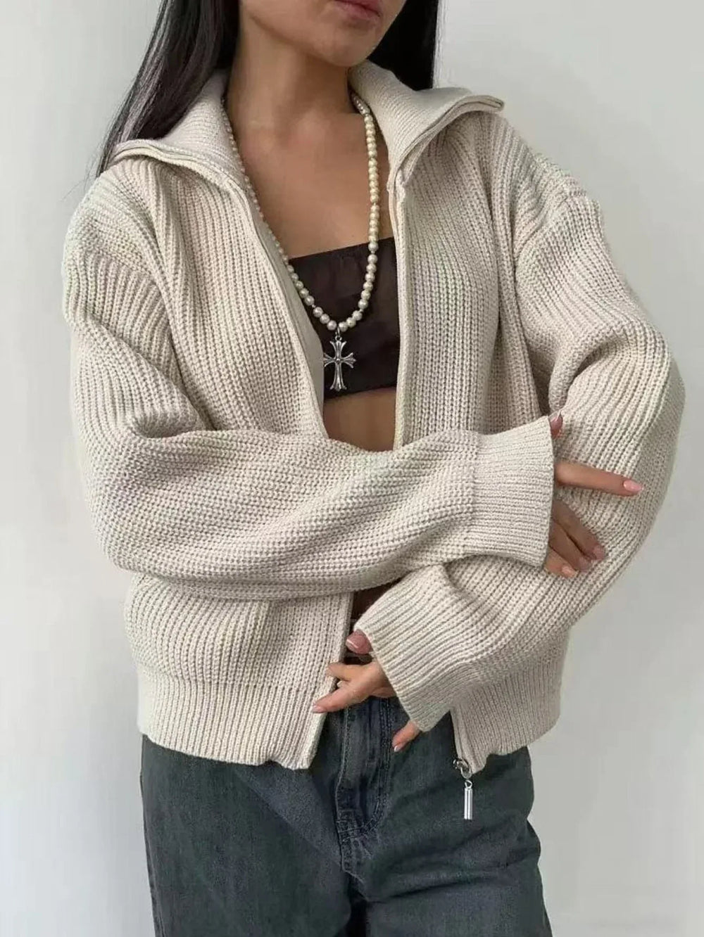 Classic Ribbed Zip Cardigan - View 7 | TEVQA