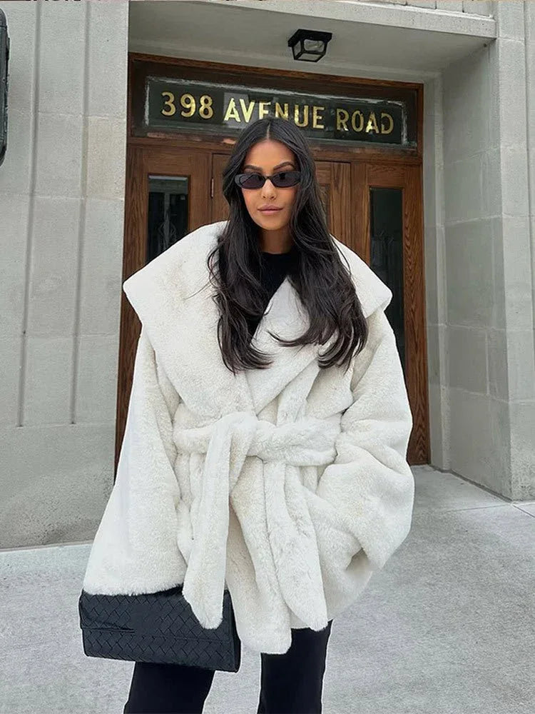 Off-white faux fur wrap coat with hood - View 8 | TEVQA