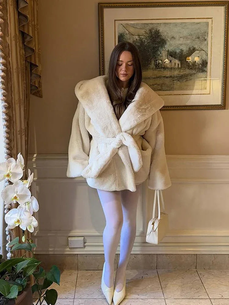 Off-white faux fur wrap coat with hood - View 6 | TEVQA