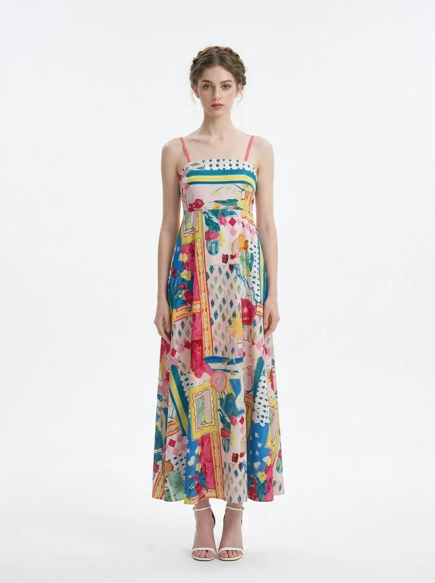 Woman wearing a colorful printed maxi dress with spaghetti straps, front view