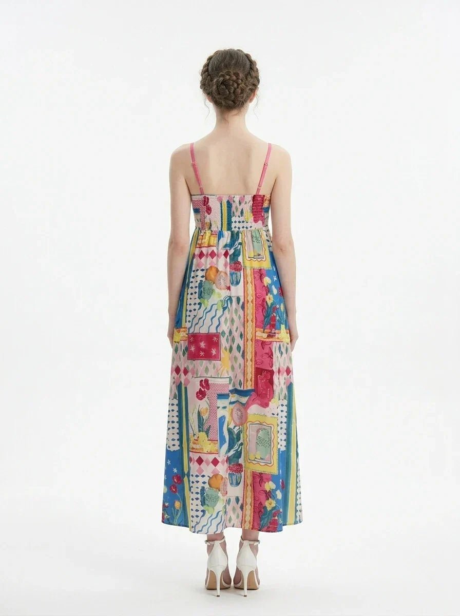 Woman wearing a colorful printed maxi dress with spaghetti straps, back view