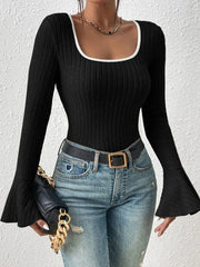 Contrast Trim Square Neck Ribbed Knit Top - TEVQA