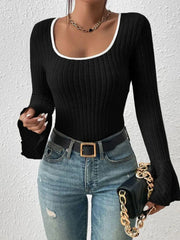 Contrast Trim Square Neck Ribbed Knit Top - TEVQA