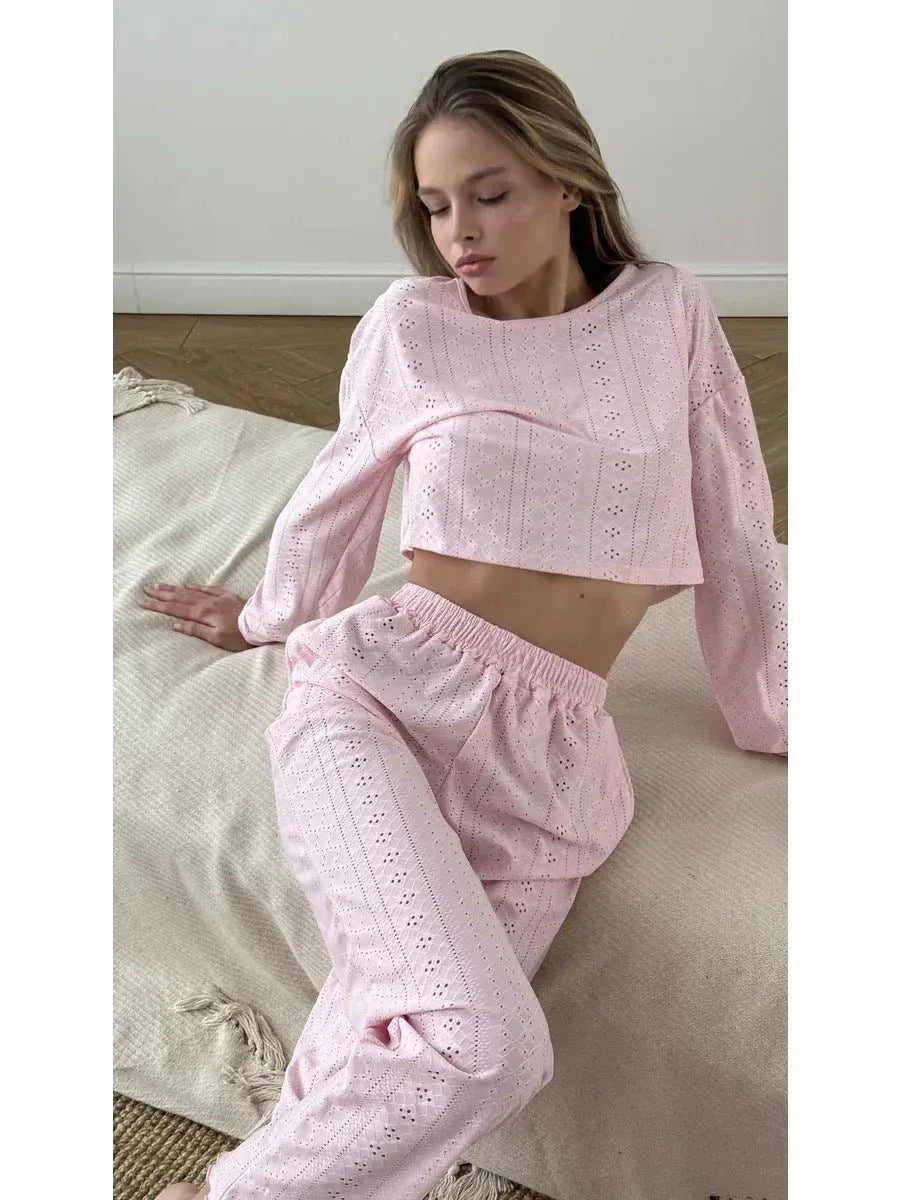 Coquette Aesthetic Pink Eyelet Lounge Set - TEVQA