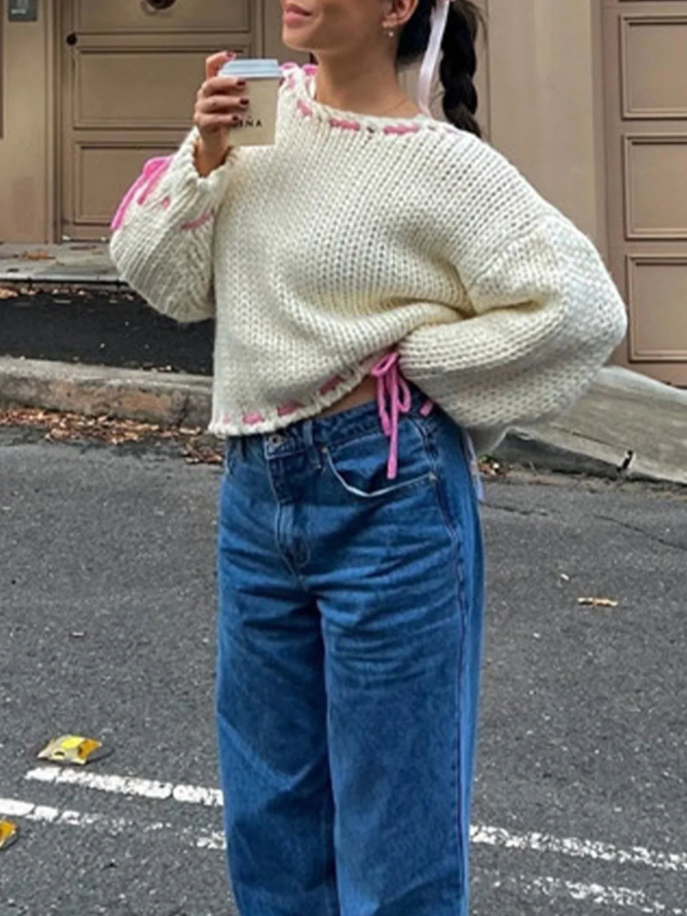 Chunky knit sweater with pink ribbon detail - View 8 | TEVQA