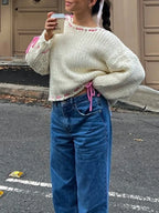 Chunky knit sweater with pink ribbon detail - View 8 | TEVQA